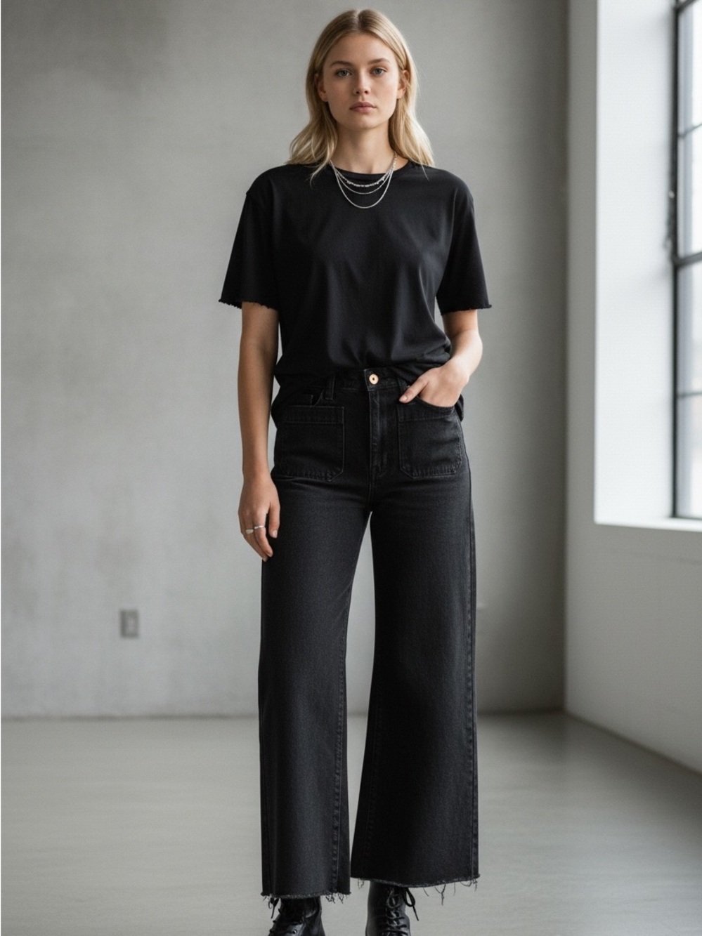 Rolla’s High Rise Wide Leg Raw Hem Front Patch Pockets 26 Black Cotton Grunge